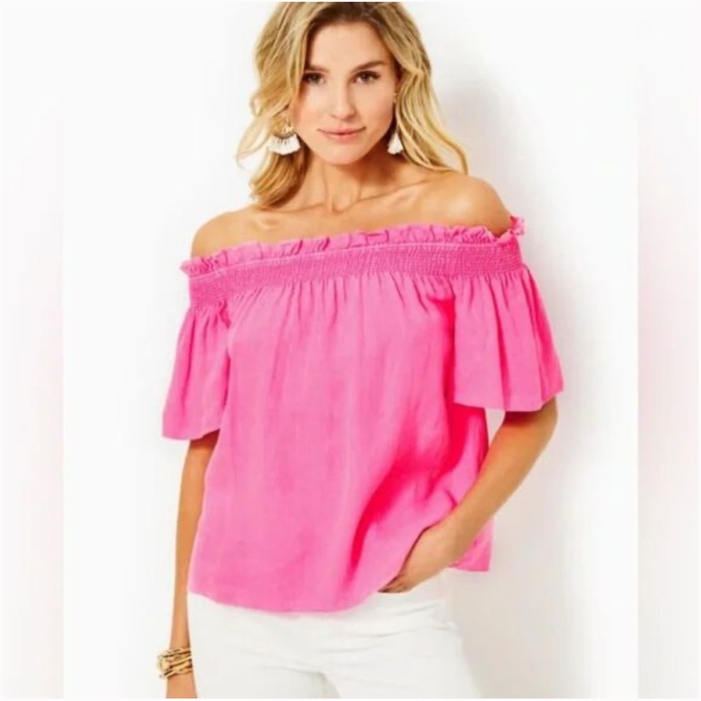 Lilly Pulitzer Leanne Off-The-Shoulder Linen Top in Aura Pink